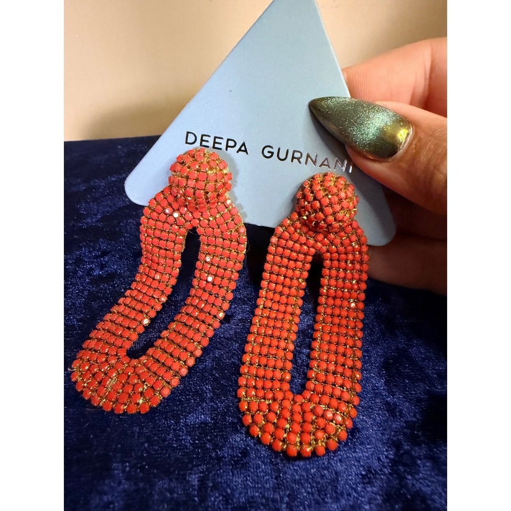 Deepa Gurnani Coral Beaded Oval Drop Statement Earrings Handmade Gold Tone